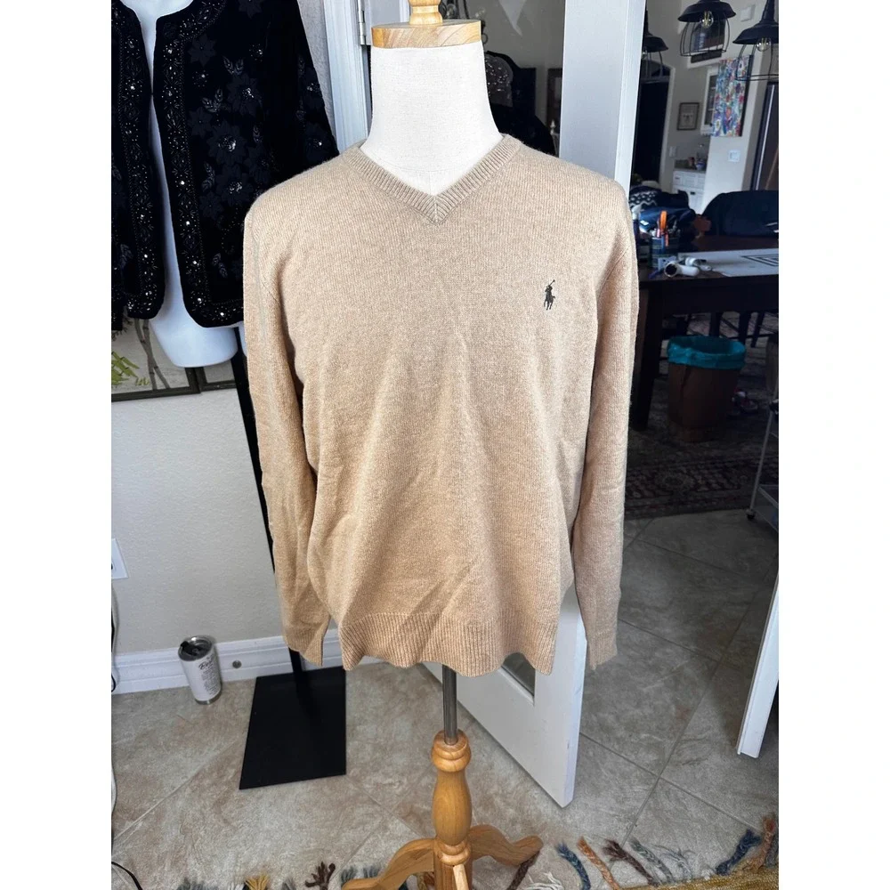 Polo Ralph Lauren Mens Tan V Neck‎ 100% Lambswool Sweater Size L